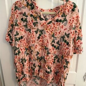 LOFT Pink Floral Blouse Relaxed Fit Polo Collar